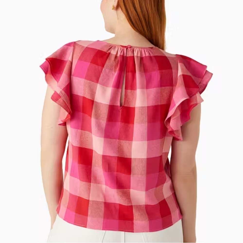 kate spade Pink and Red Plaid Ruffle Sleeve Blouse EUC - Picture 4 of 13